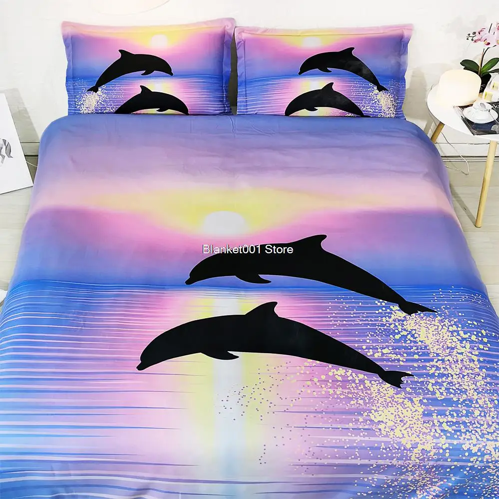 

3D Pink Ocean Dolphins Bedding Sets Purple Colorful Space Unicorn Duvet Cover Set And Kids Girls Teens Bed Comforters