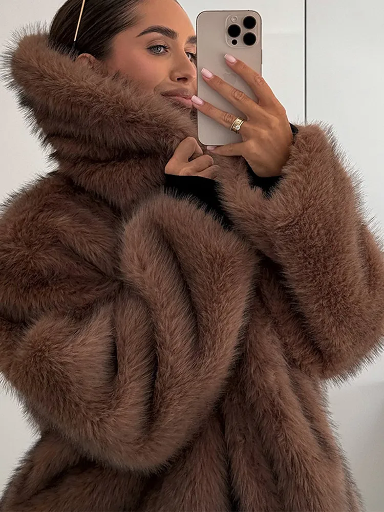 Oversized Brown Fluffy Faux Fur Coats For Women Winter Autumn Loose Lapel Cardigan Jacket 2024 New High Street Warm Outwear 2