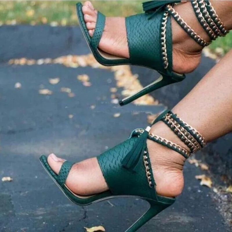 

Green Snakeskin Leather Zipper Women Gladiator Sandals Peep Toe Ankle Straps Woman Sandals 2019 Summer Plus Size