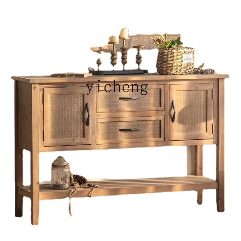 

Zc Solid Wood Retro Domestic Tea Cabinet Living Room Wall Integrated Home Storage Aisle Curio Cabinet