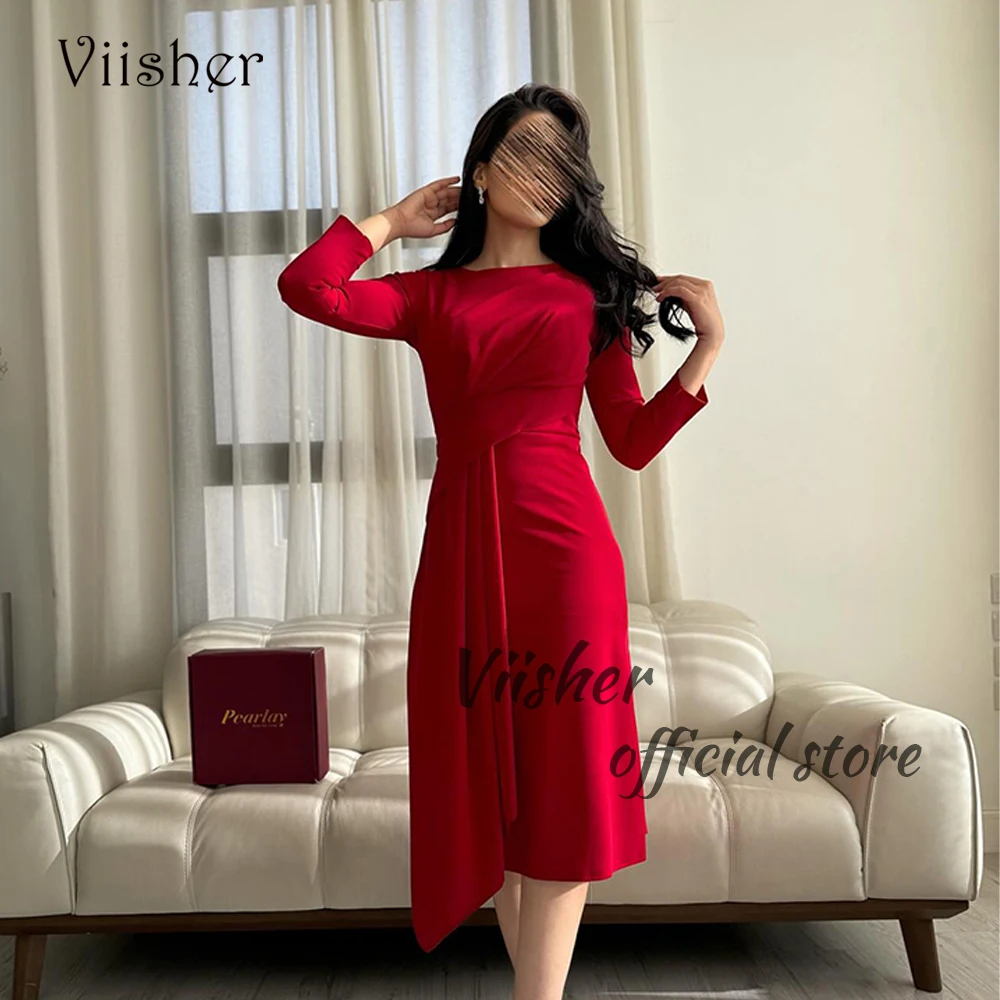 

Viisher Red Mermaid Evening Dresses Long Sleeve O Neck Formal Occasion Dress Spandex Satin Arabian Prom Party Gowns