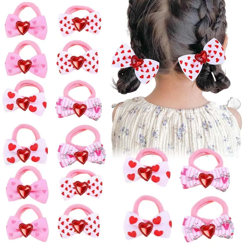 ncmama 10Pcs Heart Print Bows Elastic Hair Bands For Kids Girls Valentine's Day Bow Headband Hair Ties Headwear Hair Accessories 10pcs elegant floral envelopes letter paper fresh stationery valentine s day holiday invitation