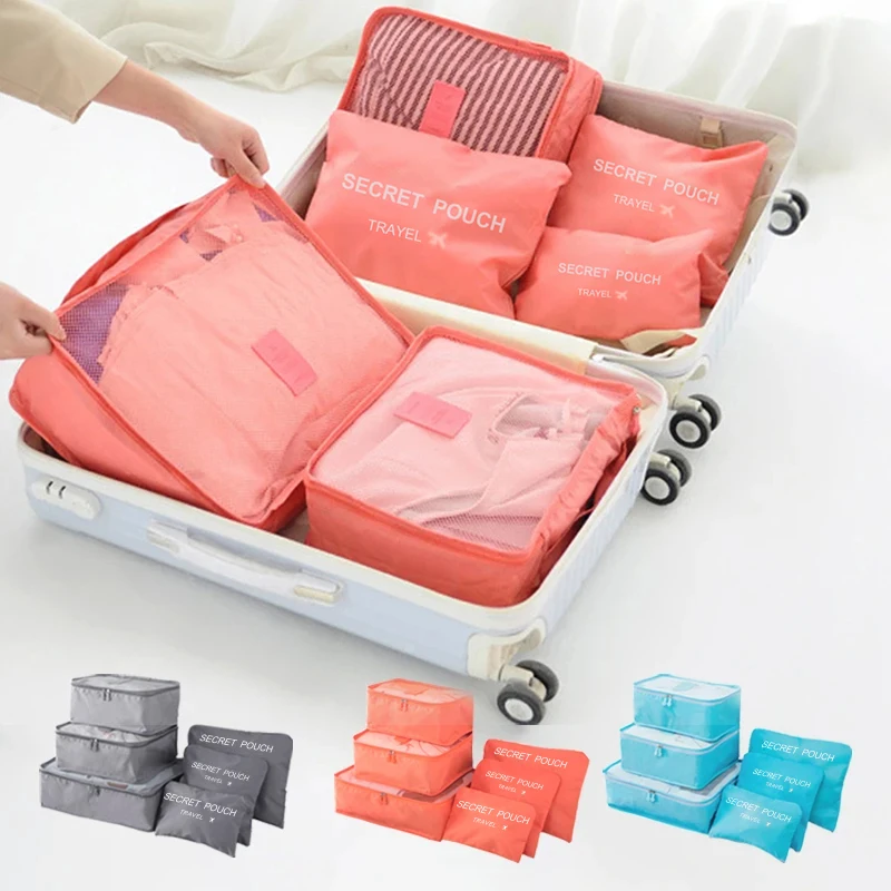 6-Piece Waterproof Travel Luggage Organizer Set – Oxford Cloth Storage Bags for Underwear, Shoes, and Clothing, Red Packing Cubes for Suitcase Bags & Storage Items Beach bags