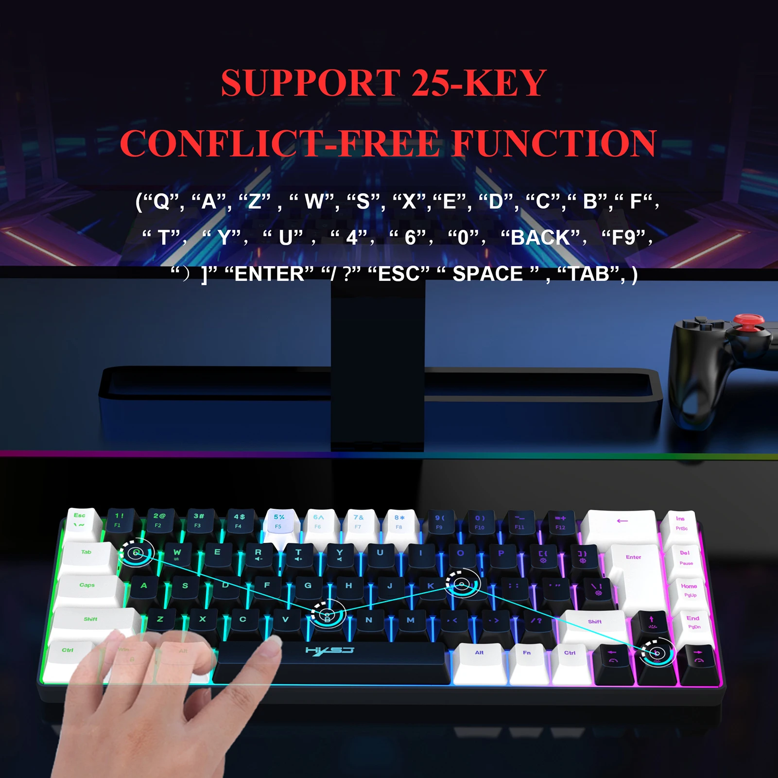 HXSJ 유선 RGB 스트리머 미니 게임용 키보드, 충돌 없는 멤브레인 키보드, 19 키, 초강력 기계식 느낌 키보드, V200, K68