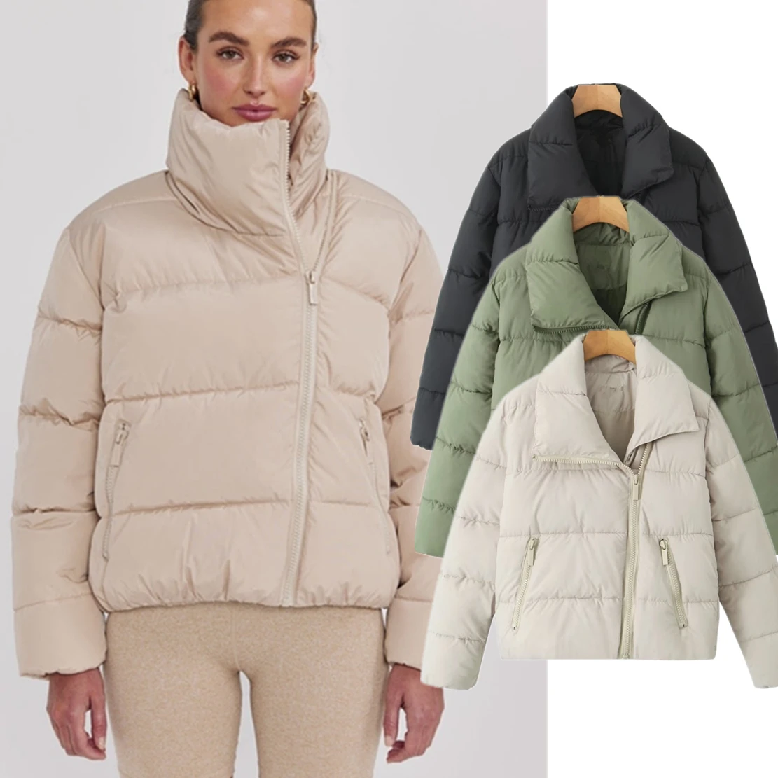 

Jenny&Dave Asymmetric Zipper Design Loose Bread Suit Parka Coat Women British Winter Coat Fashion Women's