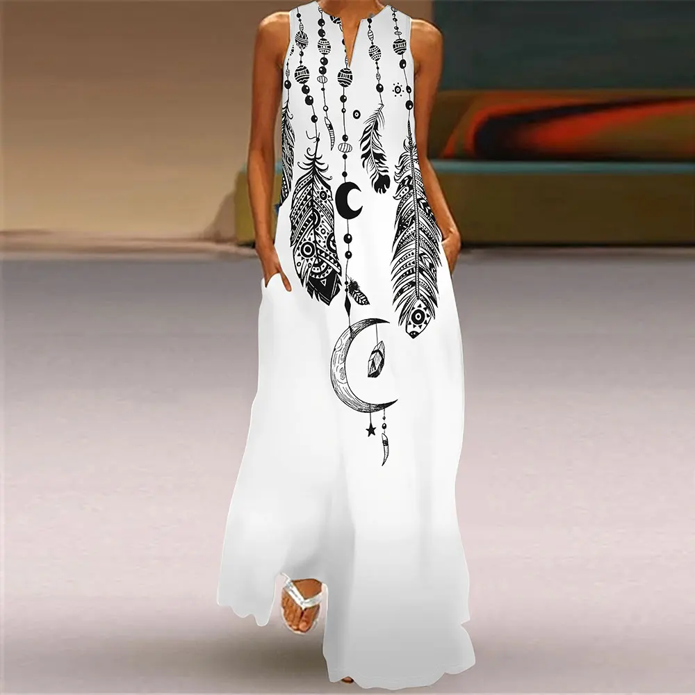 Women’S Loose Dress Summer Casual Feather Print Dress Women’S Plus-Size V-Neck Sleeveless Dress Fashion Elegant Evening Dress