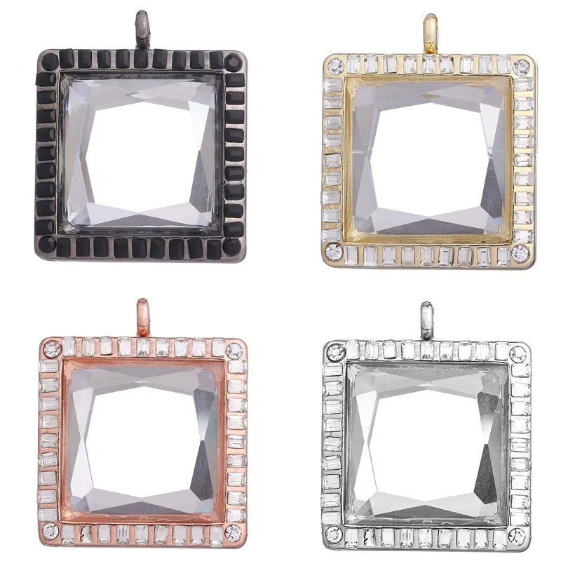 

5PCS Square Locket Rhinestone Glass Floating Charms Alloy Pendant Making Medallion Photo Necklace Keychain Women Jewelry Craft