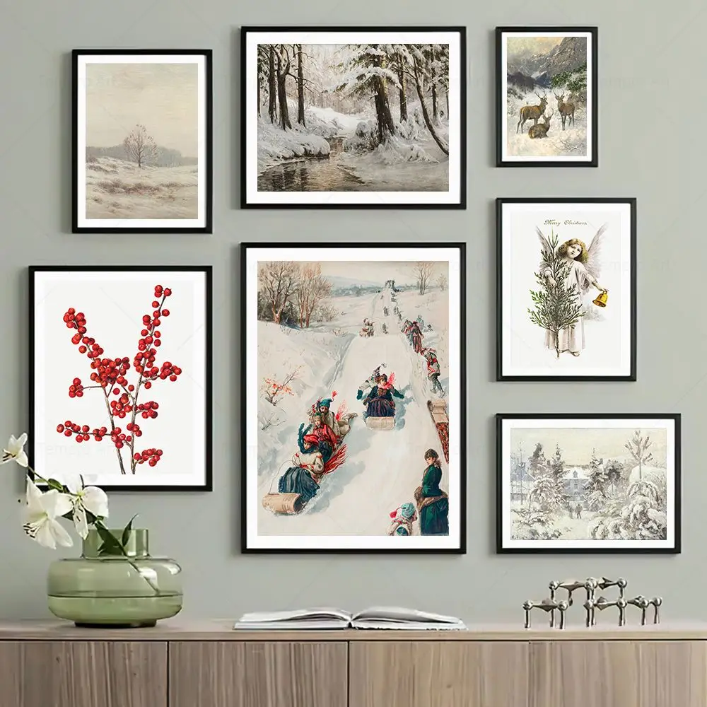 

Vintage Christmas Posters Tree Frosted Holly Winter Landscape Wall Art Canvas Painting Prints Pictures Living Room Holiday Decor