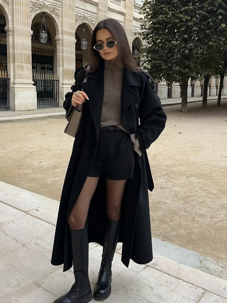 New Classic Black Belted Wool Blends Overcoat For Women Chic Full Sleeve Double Breasted Lapel Long Coat Ladies Loose Streetwear 3