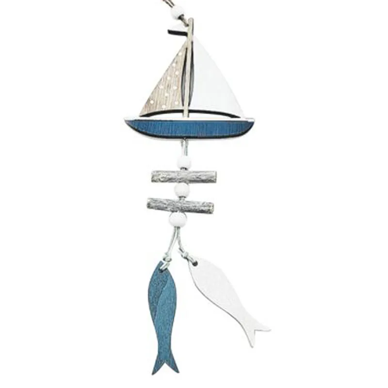 Marine Style Wooden Pendant Ocean Wind Crafts Small Fish Boat Wall Hanging Decoration