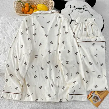 خريف جديد الحب القوس طباعة المرأة منامة طويلة الأكمام مجموعة 2 قطعة الحلو لطيف التلبيب ملابس خاصة زر أسفل المرأة منامة ملابس النوم 2