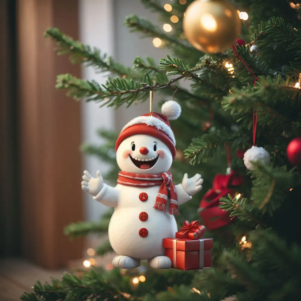 Snowman Christmas Tree Pendant Acrylic Xmas Tree Decoration with Lanyard Mini Christmas Decor Decorative for Window Fireplace