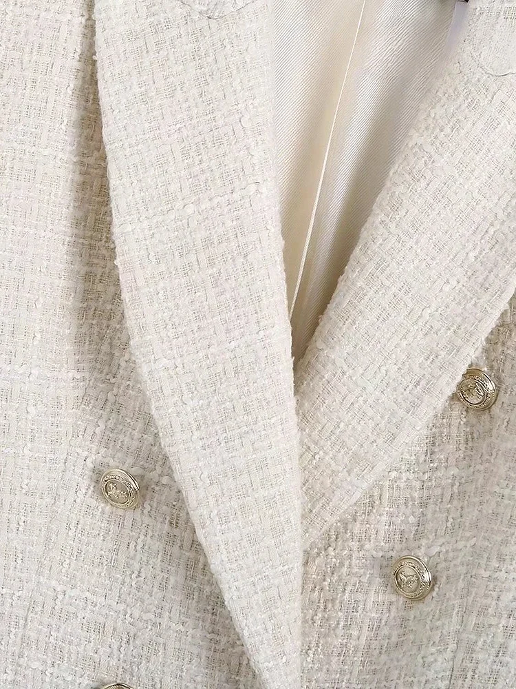 2024 New Women Fashion Tweed Double Breasted Blazer Coat Vintage Long Sleeve Flap Pockets Female Outerwear Chic Veste Femme