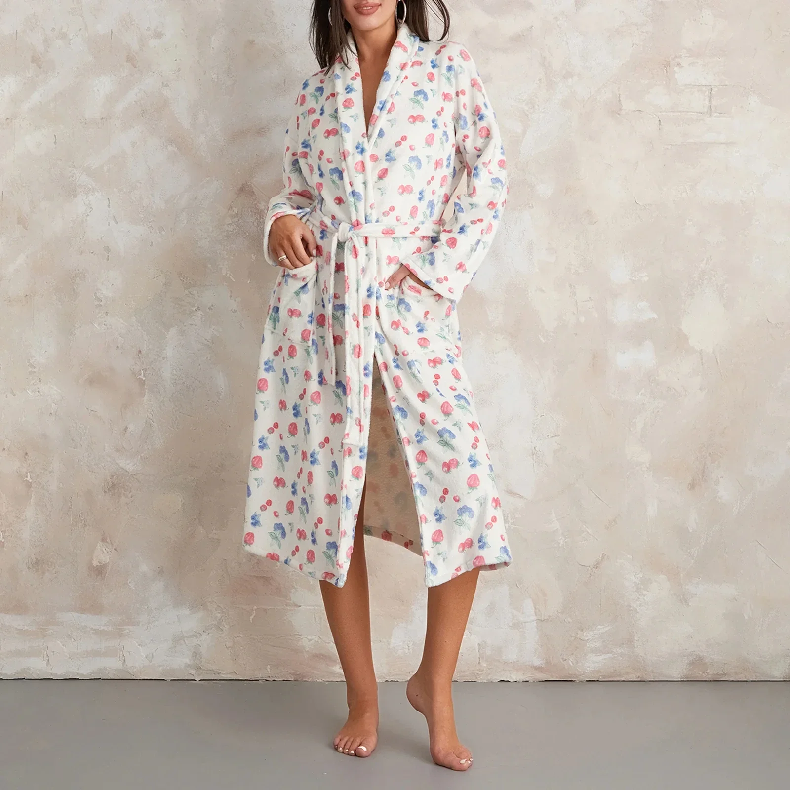 Women Sleepwear Sleepwear Pajamas Women Flannel Robe Home Sleepwear Floral Print Shawl Collar Bathrobe Kimono Robe With Belt Winter Warm Pajamas Clothes