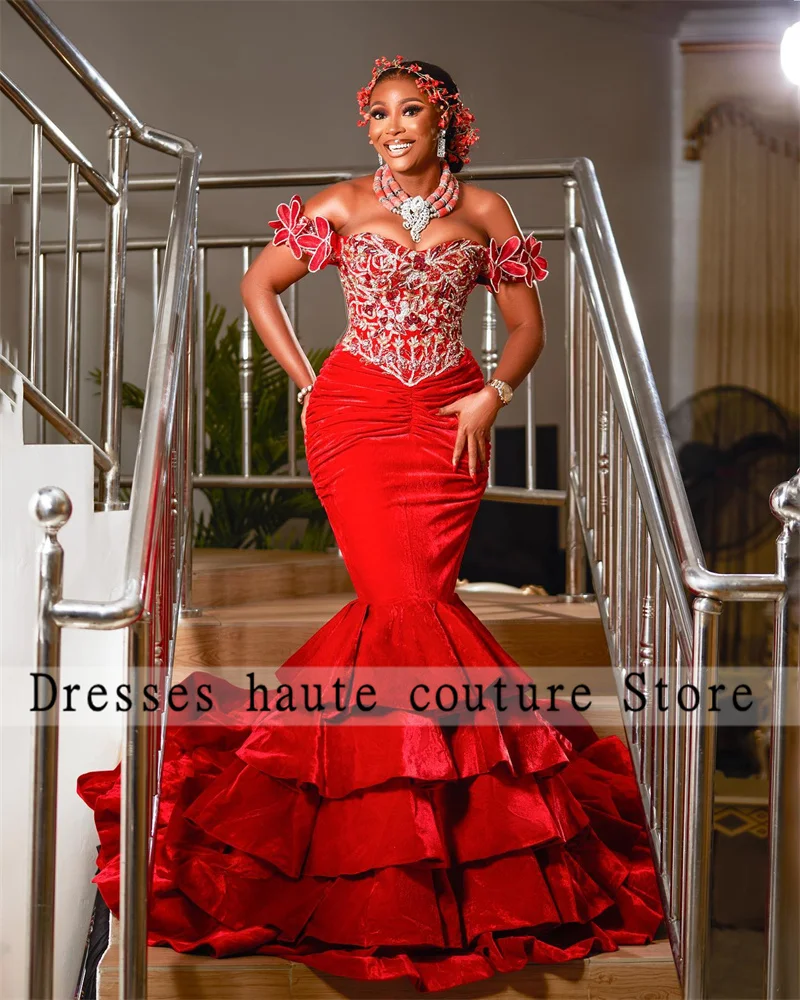 

Aso Ebi Red Mermaid Evening Dresses 2023 Appliques Beaded Ruffles Long Prom Dresses Africa For Women Wedding Dress Custom Made