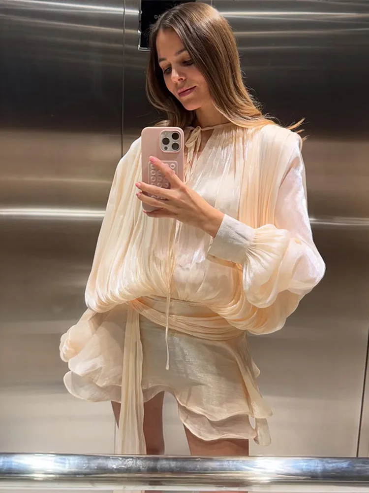 Elegant Layer Ruffles Solid High Waist Mini Dresses Women Lace Up Fashion O-neck Pleated Blouse Dress 2025 Lady Chic Outfits 2
