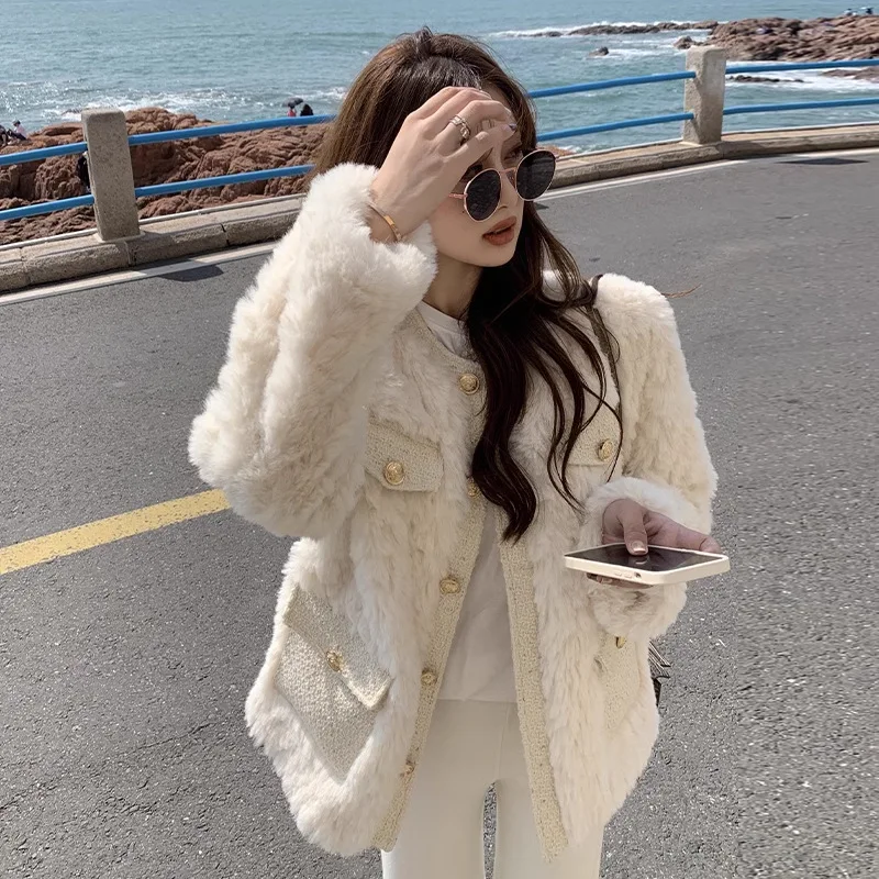 

2023 Autumn Winter Imitation Lamb Coats Women Korean Fashion O-neck Single-breasted Cardigan Jacket New Casual Short Coat
