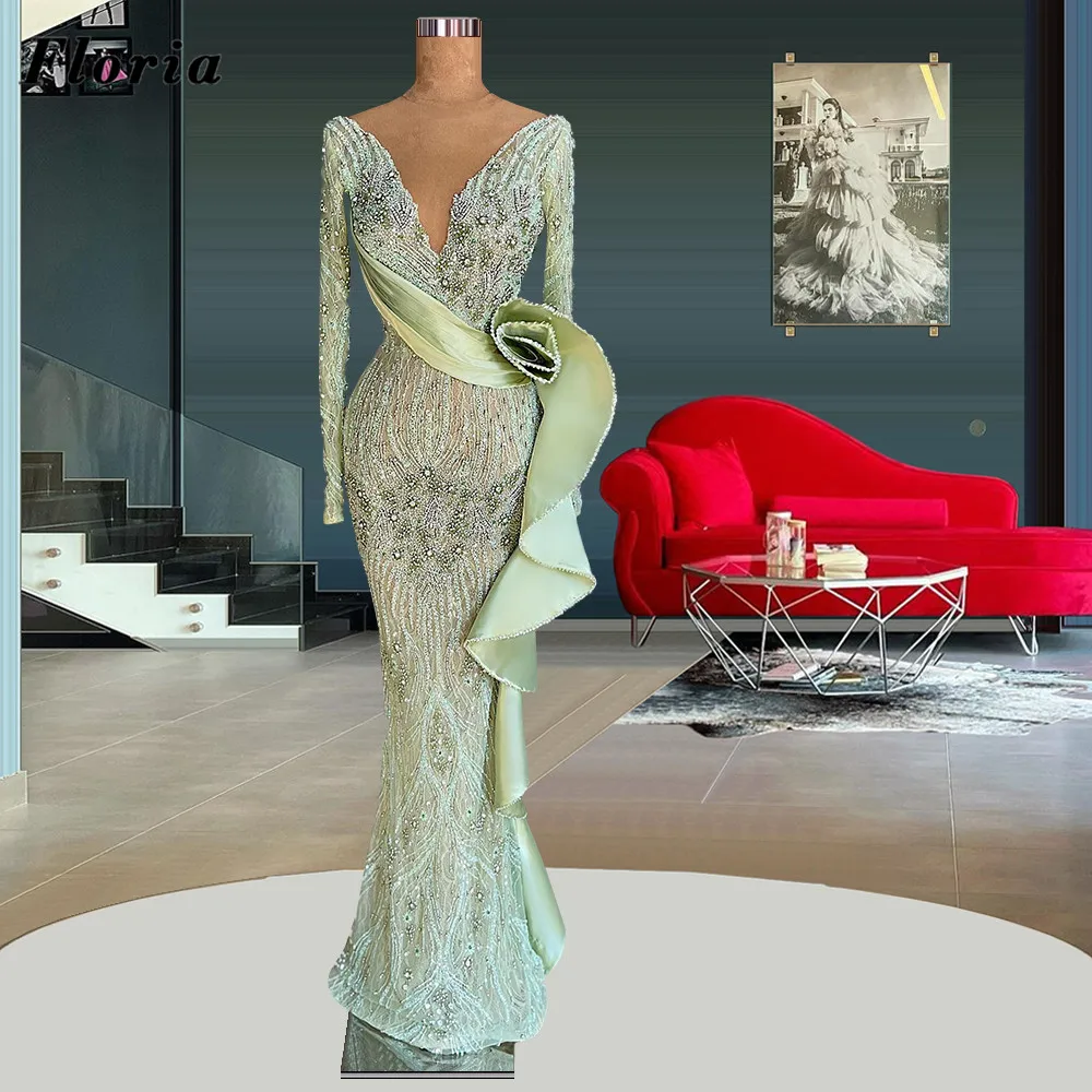 

Floria Mint Green Evening Dresses Middle East Long Sleeves Celebrity Dresses Custom Made 2022 Beaded Crystals Prom Party Gowns