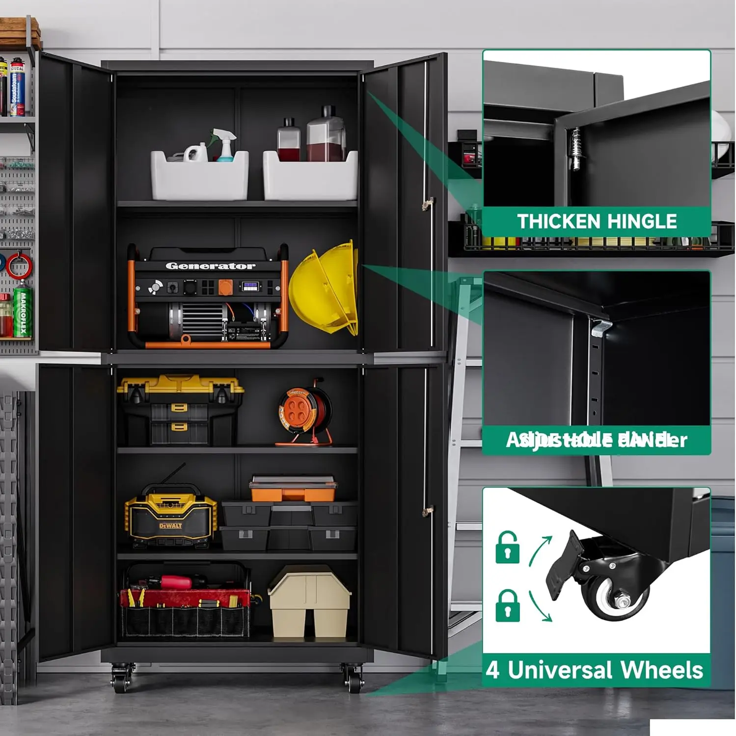 Metal Garage Storage Cabinet with Wheels,Steel Tool Rolling Cabinets with Lock Door and Adjustable Shelves fro Home 4