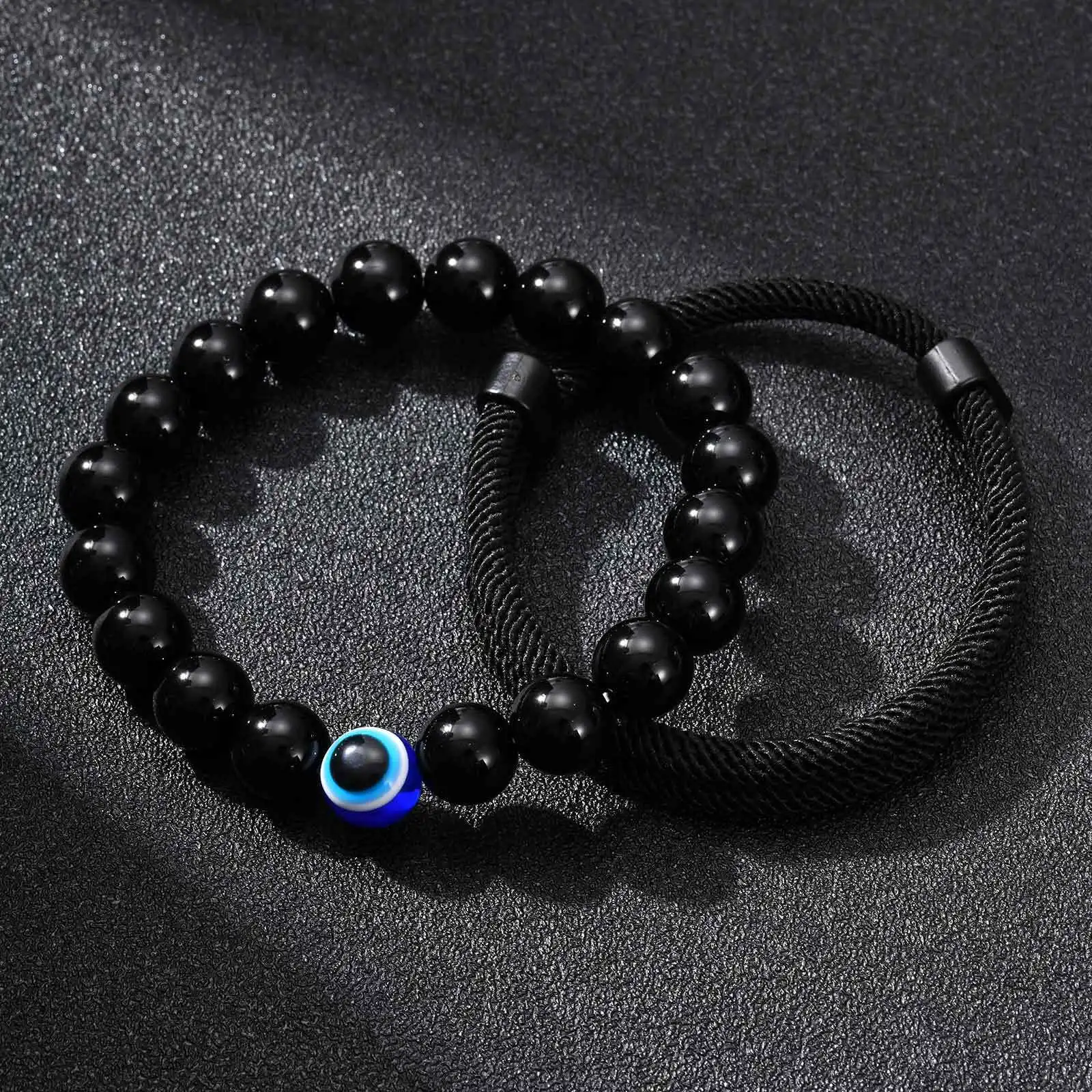 2pcs Devid Eye Beaed Bracelet for Men Boys,Cool Black Color Adjustable Rope Wristband,Türkiye Birthday Party Anniversary Gift