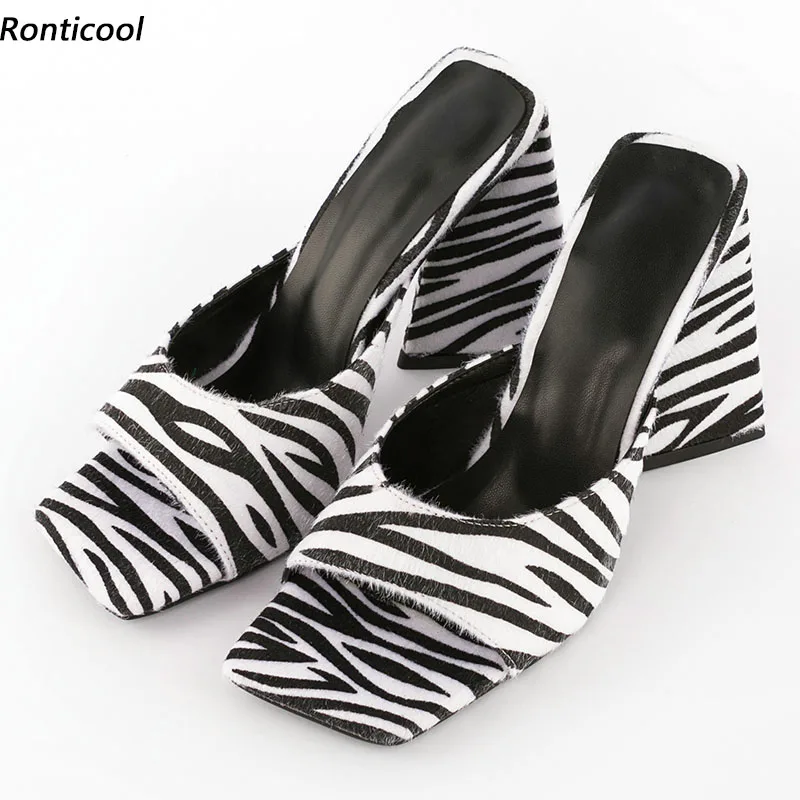 

Ronticool New Arrival Women Mules Sandals Horsehair Strange Heels Open Toe Elegant Black Ladies Shoes US Size 4-15