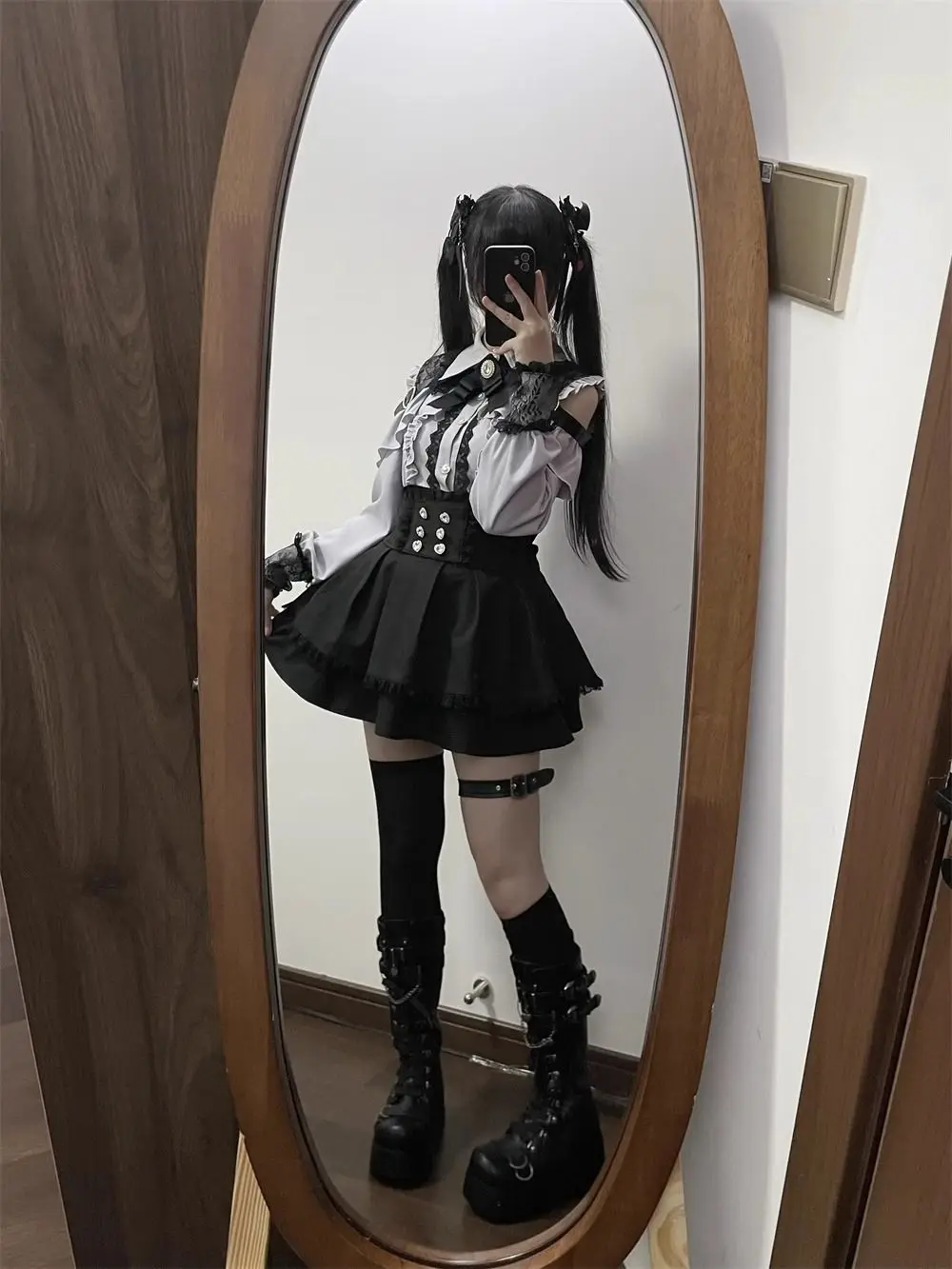 Gray blue shirt + black skirt two-piece set (ready in stock