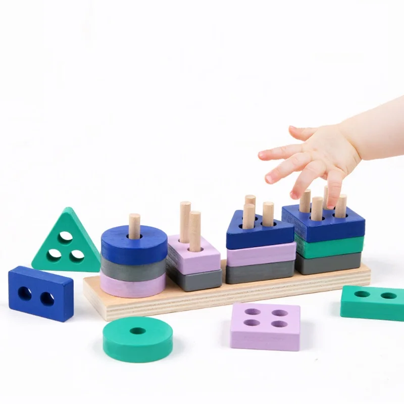 Mini Montessori Toy Wooden Building Blocks Educational Toys Macarone Color Color Shape Match Puzzle Toys For Boys Girls