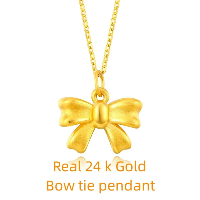 MUZHI Real 24K Gold Pure AU999 Bow Pendant Necklace Genuine AU750 Chain