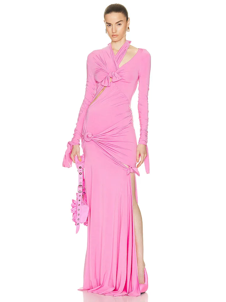 robe-longue-asymetrique-ajouree-a-manches-sulfpour-femme-tenue-de-soiree-sexy-rose-nouee-decoupee-slim-maxi-Elegante-pour-ix-boite-de-nuit