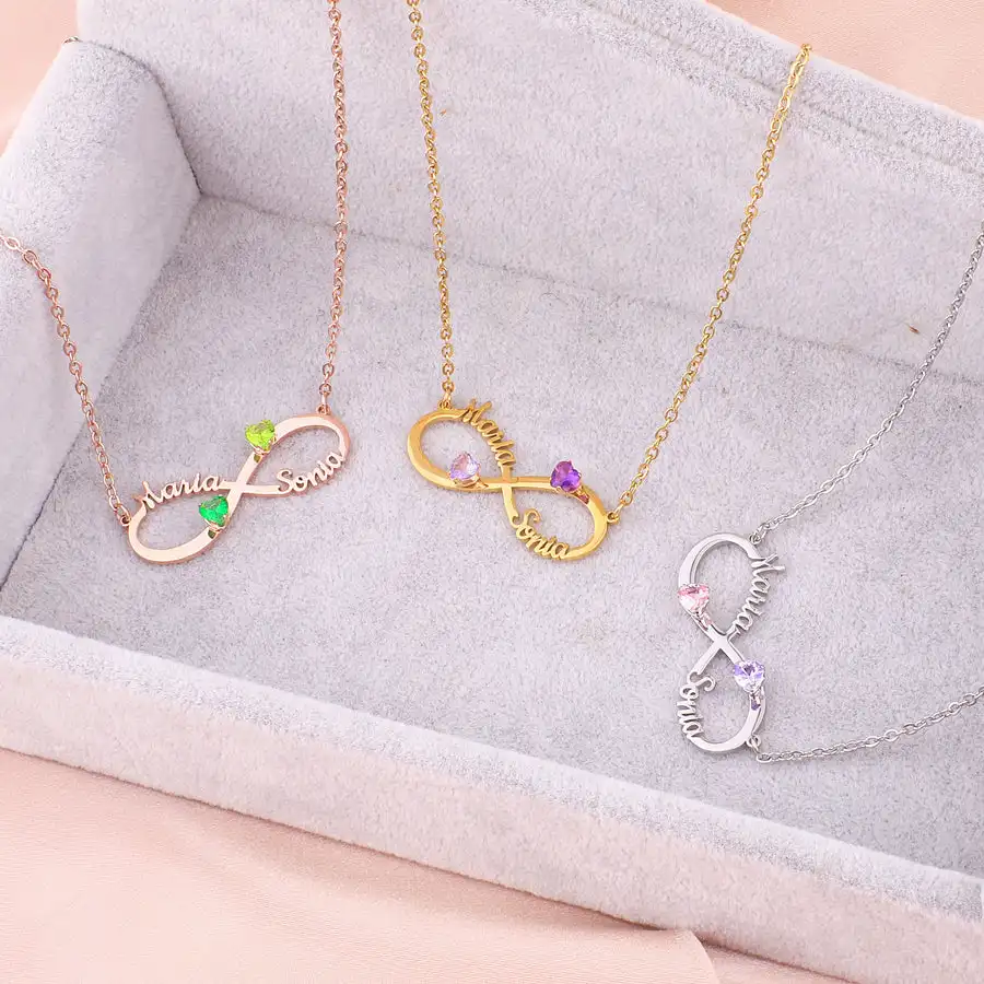 Double Name Infinity Heart Birthstone Necklace Couple Customized Name Necklace Valentine's Day Gift for Her