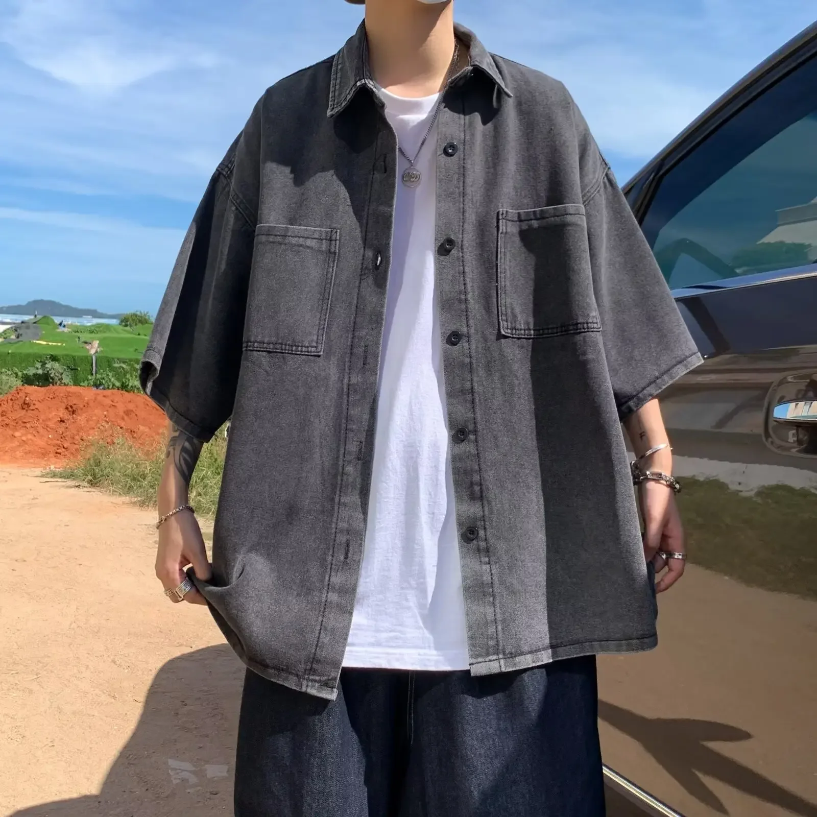 Loose Short Sleeve Men's Denim Shirt Summer Casual Style Half Sleeve Jacket Hong Kong Wind Japanese Design Trendy Outerwear denim shirt