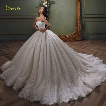 Loverxu A-Line Shiny Wedding Dresses For Women Strapless Court Train Vestido De Novia Lace Sequined Custom Made Bridal Gowns 1