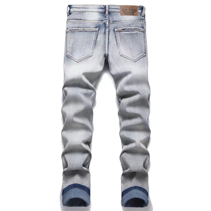 EH·MD Stitch Emoticon Jeans Men Scraped Thread White Gradient Slimming Tights Cotton High Elastic Zip Knee 3D Embroidery Smile23