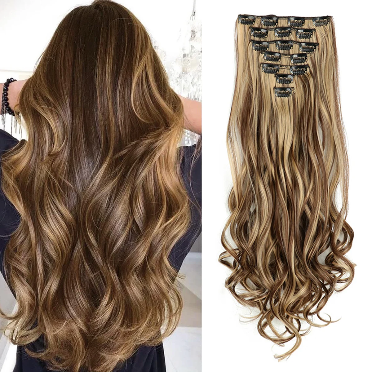 thumbnail image 1 of Extensiones de cabello con clip, 7 piezas, 22 pulgadas de largo, pelo sintético ondulado y rizado, cabello ondulado natural para mujeres y niñas, 1 of 4
