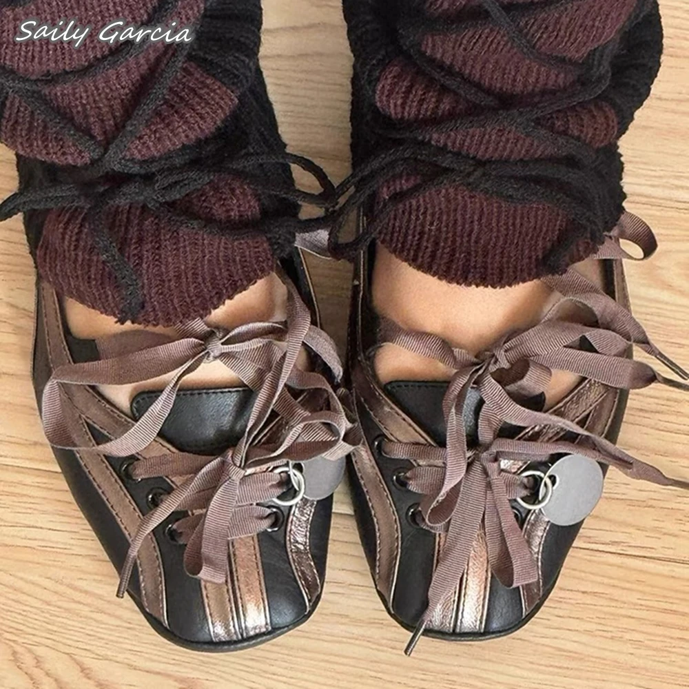 Mixed Color Pork Split Skin Butterfly Knot Ballet Flats All Match Stripe Lace Up Shallow Casual Shoes Square Toe Hollow Shoes