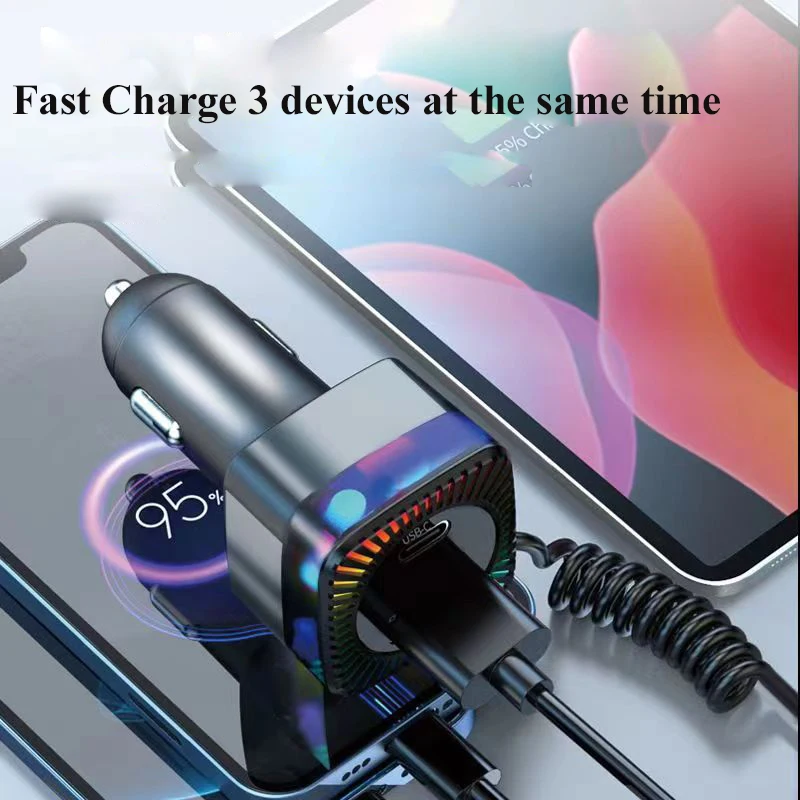 용수철 케이블이 달린 USB C 차량용 충전기 어댑터, 다채로운 빛 PD 30W, 3 in 1, 맥북 삼성 아이폰용 초고속 충전, 280W