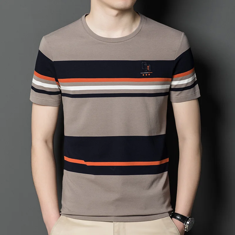 

Summer Men's T-Shirts Luxury Short Sleeve Embroidery Smart Casual Male T-shirts Fashion Striped Simple Man Tees 3XL