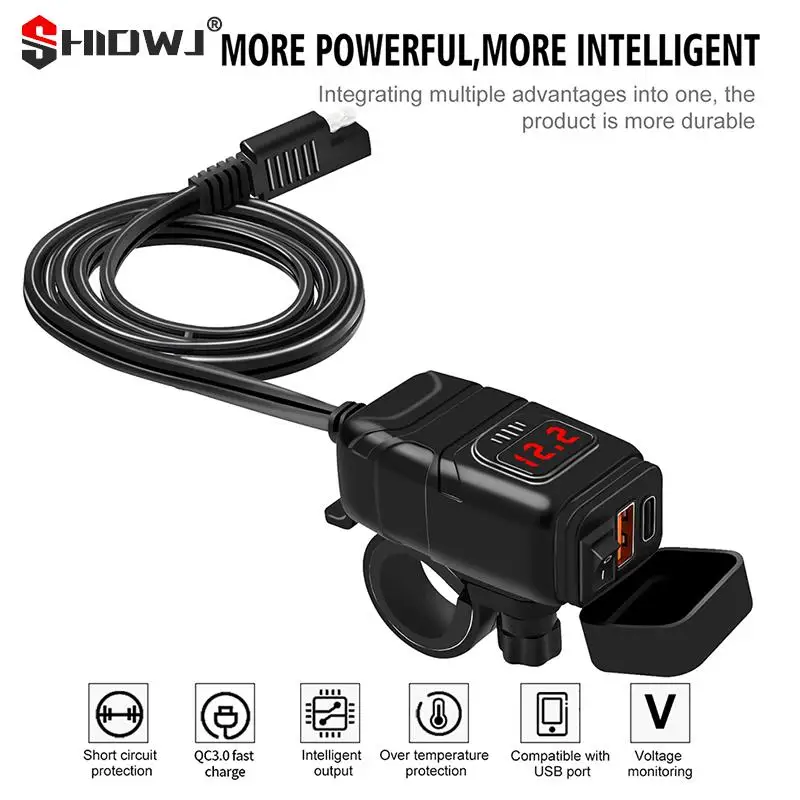 

Motorcycle USB Charger Handlebar Fast Charging QC3.0 Waterproof 12V Socket Adapter With Voltmeter Motorcycle Accessories