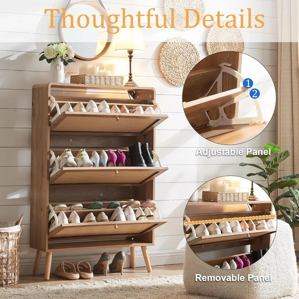 Rattan Shoe Cabinet with 3 Flip Drawers, 24 Pairs Shoe Storage Cabinet for Entryway Freestanding Hidden Shoe Rack 3