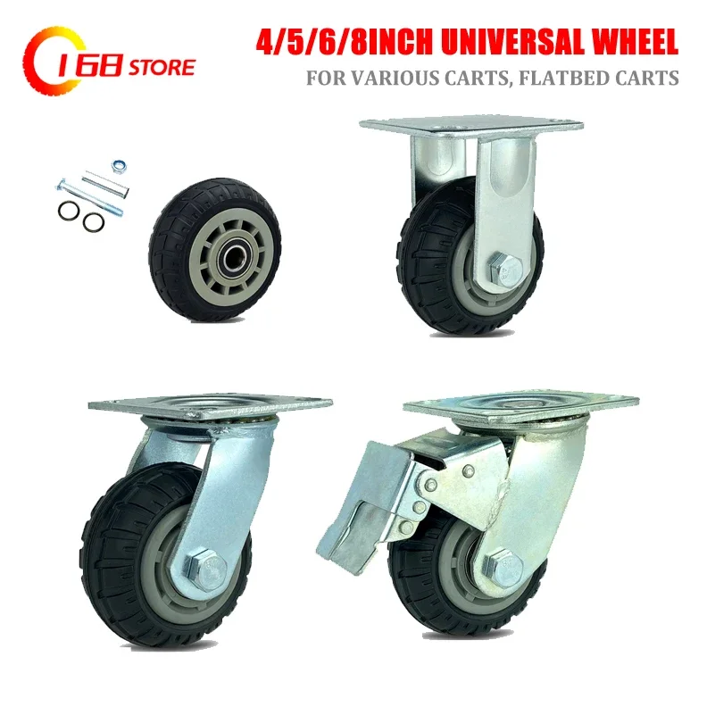 4/5/6/8 inch universal wheel heavy duty mute rubber casters fixed steering with axle brake trolley trailer