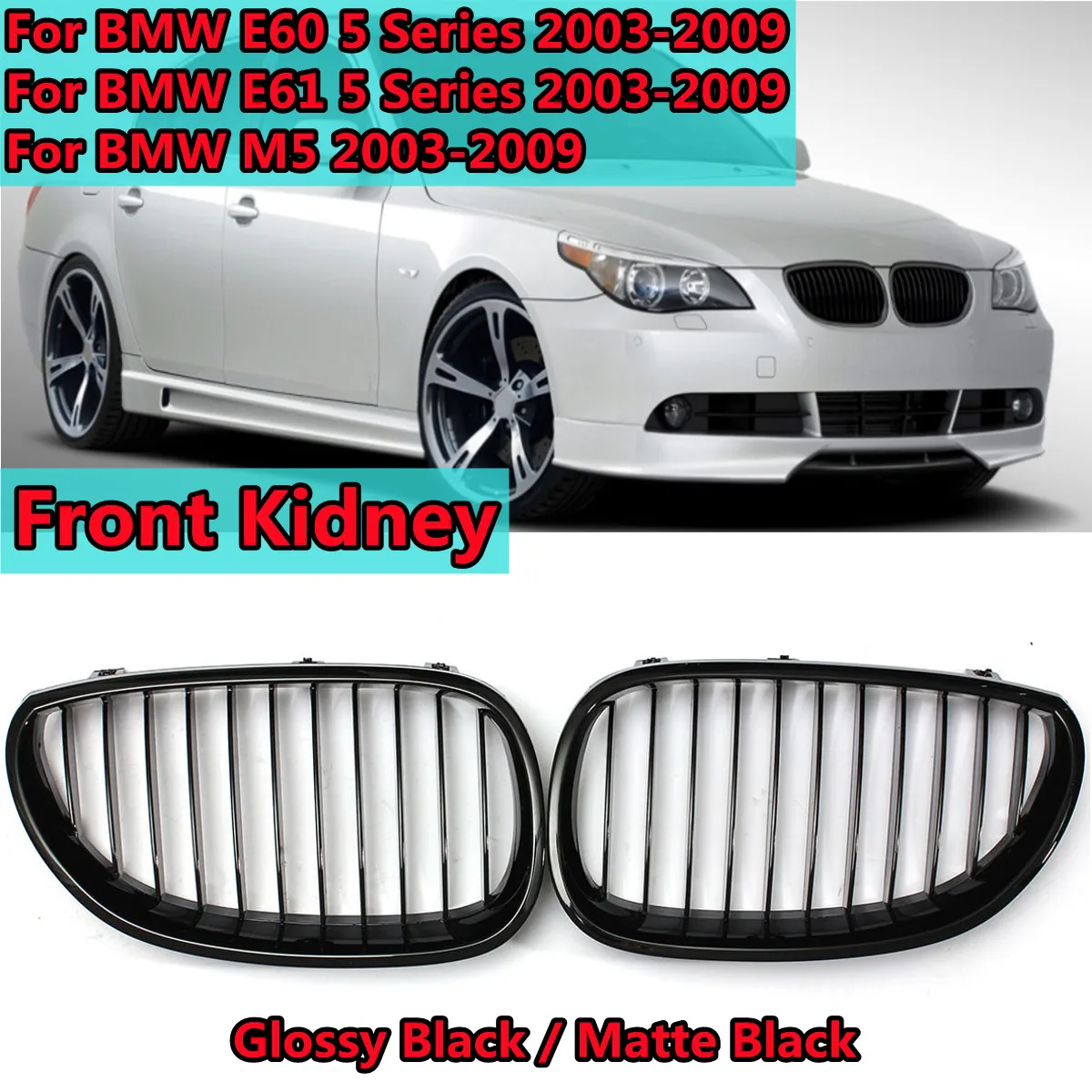 Pair front kidney matte black grill grilles for bmw e60 e61 5