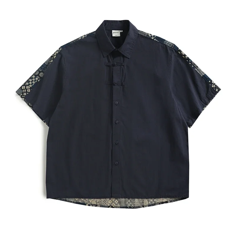 

Vintage Cotton and Hemp Breathable Top Chinese Frog Ethnic Style Spliced Loose Short Sleeve Shirt for Men New Arrival