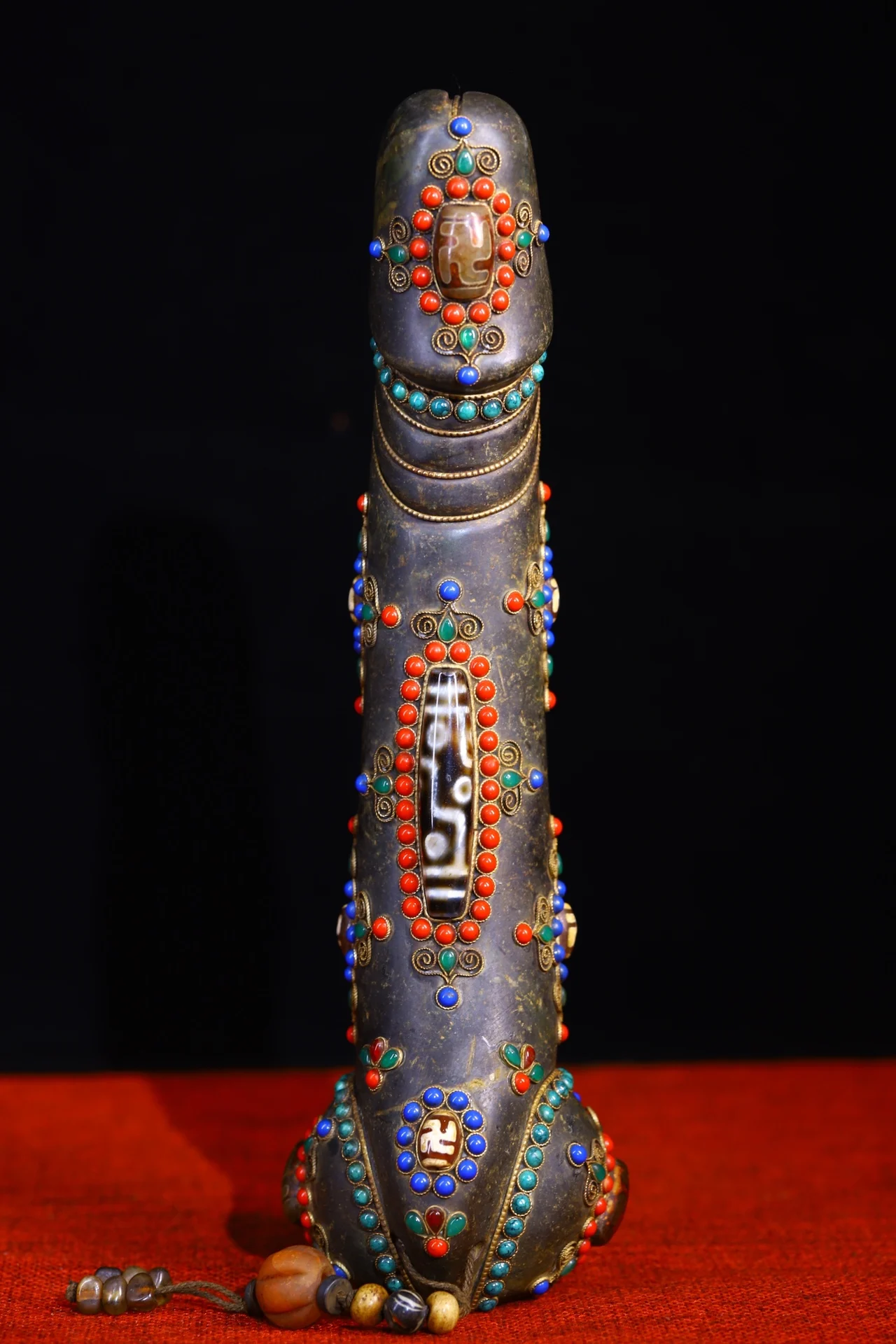 

11"Tibetan Temple Collection Old Natural Meteorite Mosaic Gem gZi Beads Giant Yang god Genitalia Dharma Amulet Worship Hall
