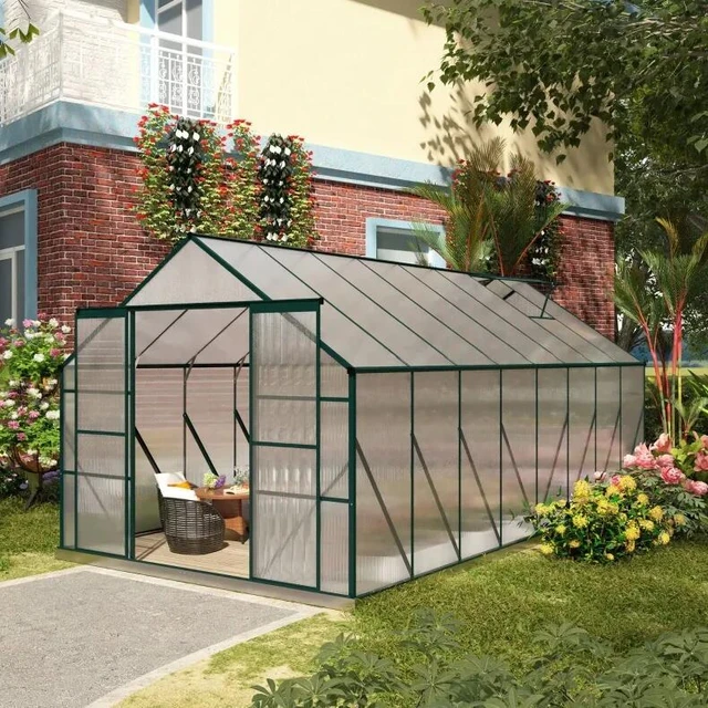 Invernadero de policarbonato de 8 x 6 pies con ventilación de techo  ajustable y puertas correderas, invernadero con marco de aluminio para  jardín al