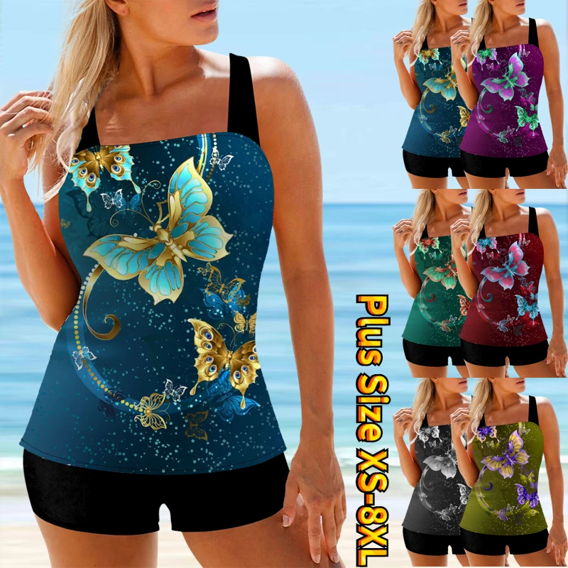 

Vintage Tankini Swimsuits Loose Swimwear Women High Waist Swimsuit Female Two Pieces Bathing Suit Butterfly Printing Beachwear