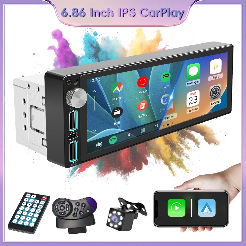 1Din Car Radio Stereo 6.86 Inch Carplay Android Auto Multimedia Video Player IPS