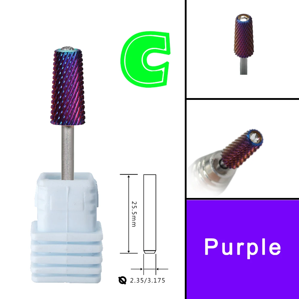 RolinStar 6.6 Safety Large Diamond Crystal Trapezium Tapered Barrel purple Tungsten steel Carbide milling cutter nail drill bit 6