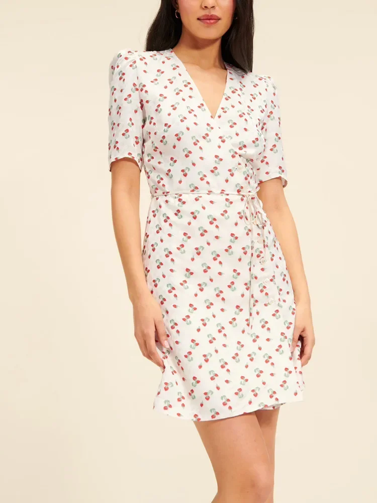 

Women’s Wrap Dress 2024 New Spring Print Lace-up Deep V Fresh Prairie Chic Short Sleeve Mini Robe