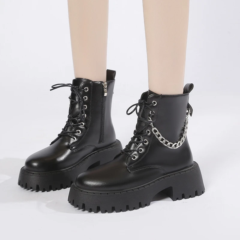 Women's Ankle Boots 2023 New Autumn Winter Fashion Women Short Boots Rear Zipper Lace-up Thick Heel Leather Boots for Female