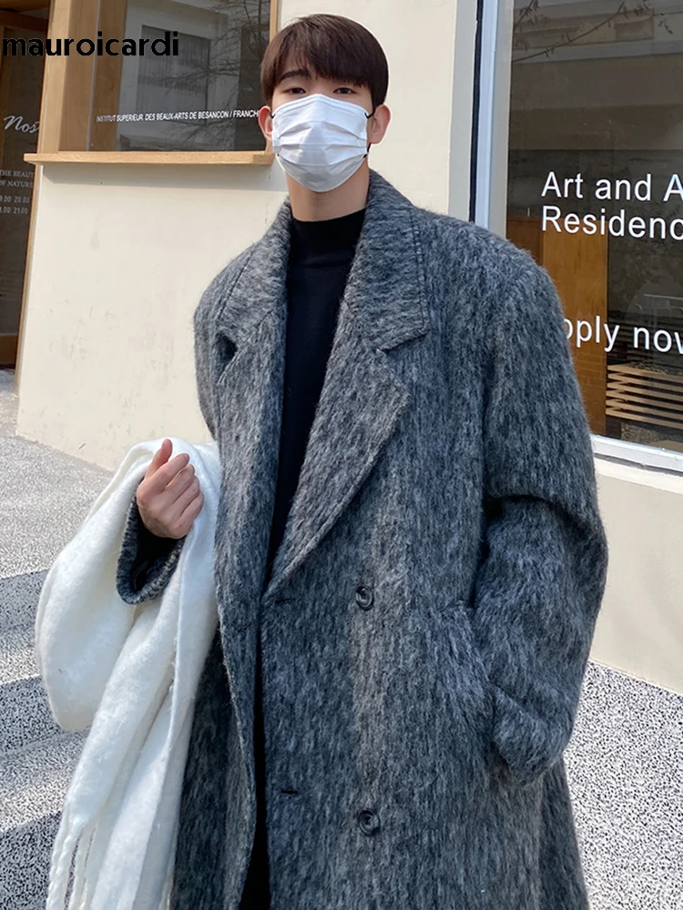 Mauroicardi Autumn Winter Long Gray Oversized Thickened Warm Soft Wool & Blends Coat Men Double Breasted Korean Fashion 2023 4